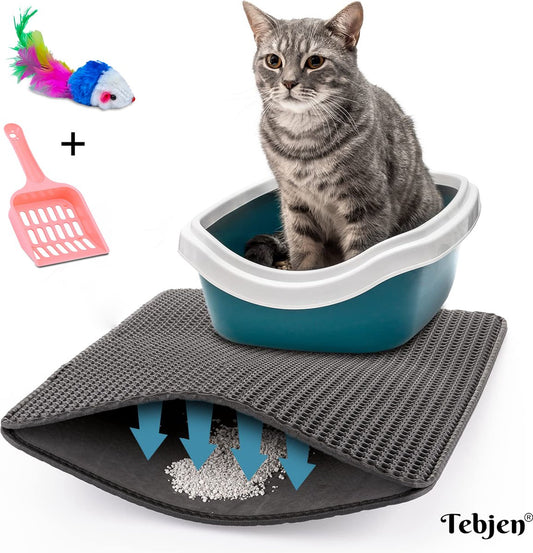  TEBJEN Kattenbakmat – Kattenbak Mat Grit Opvanger - Schoonloop Katten Mat – Dubbele Waterdichte Laag – Uitloopmat Kattenbak – Kattenbak Accessoires - Met Speelgoedmuisje En Schepje - 30cm * 30cm