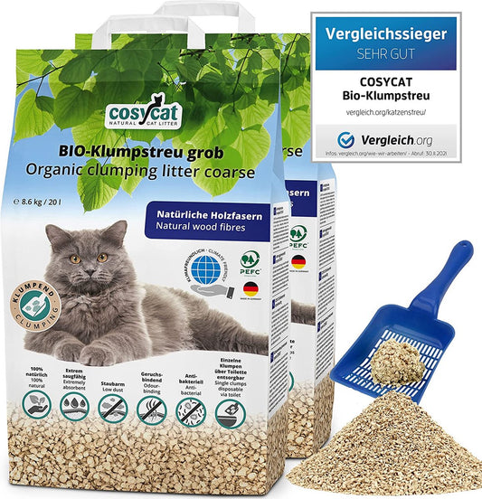  CosyCat BIO Kattenbakvulling Klontvormend - GROVE Korrel 2x 20L - Speciaal Voor Langharige Katten