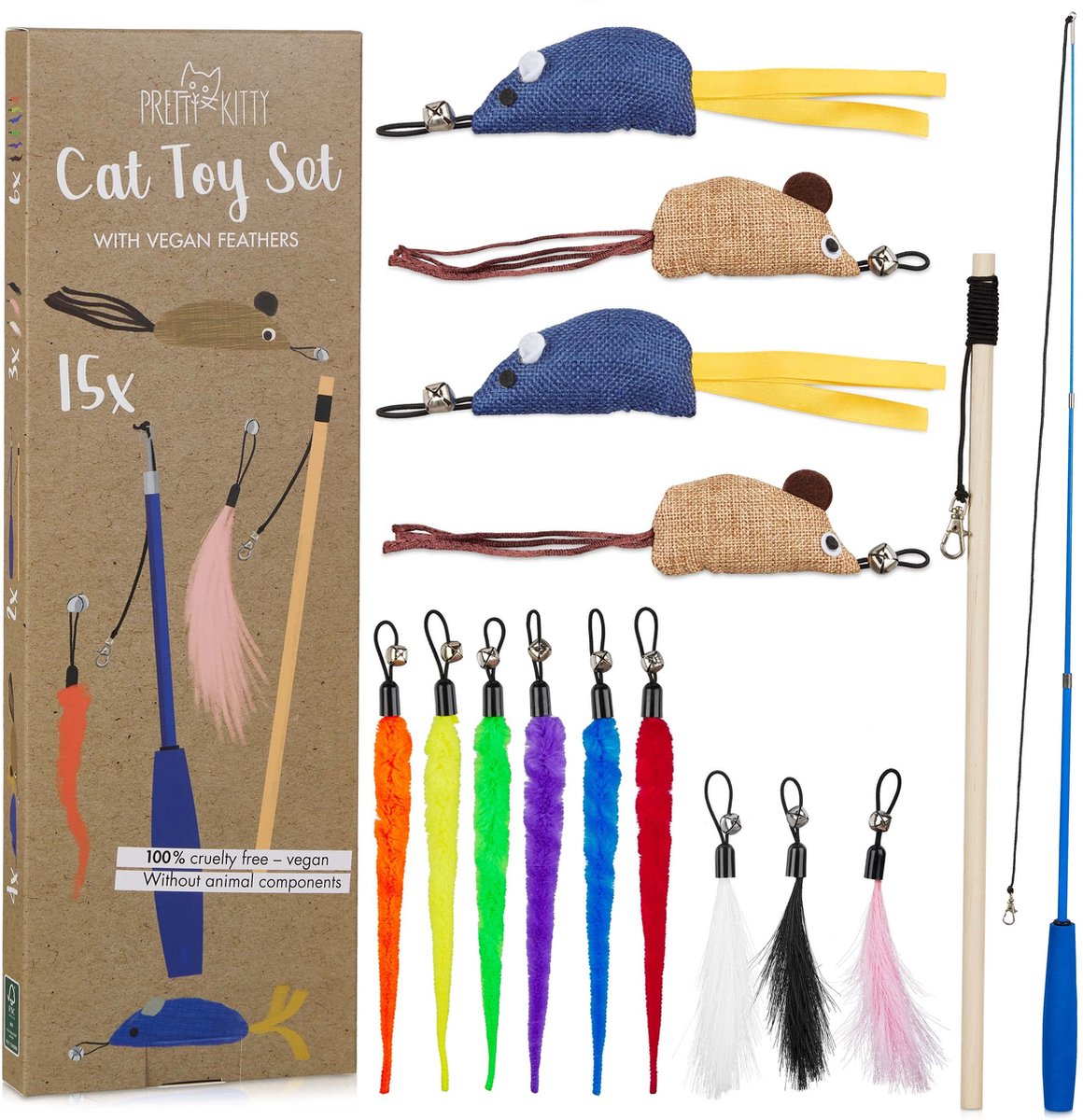  PRETTY KITTY Cat Toy Set Vegan: Grote 15-delige Kattenspeelset Met Kattenhengel, Nepveren En Kattenkruid Speelgoed Kat