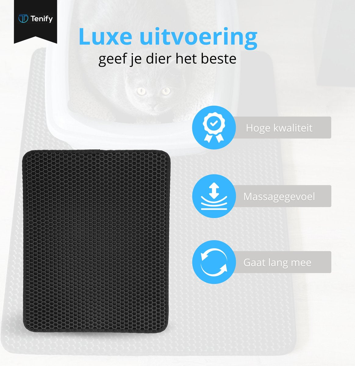  Tenify Kattenbakmat + Extra Kattenbak Schepje - 40 X 50 Cm - Waterdicht - Dubbele Laag - Honingraatstructuur - Uitloopmat - Mat