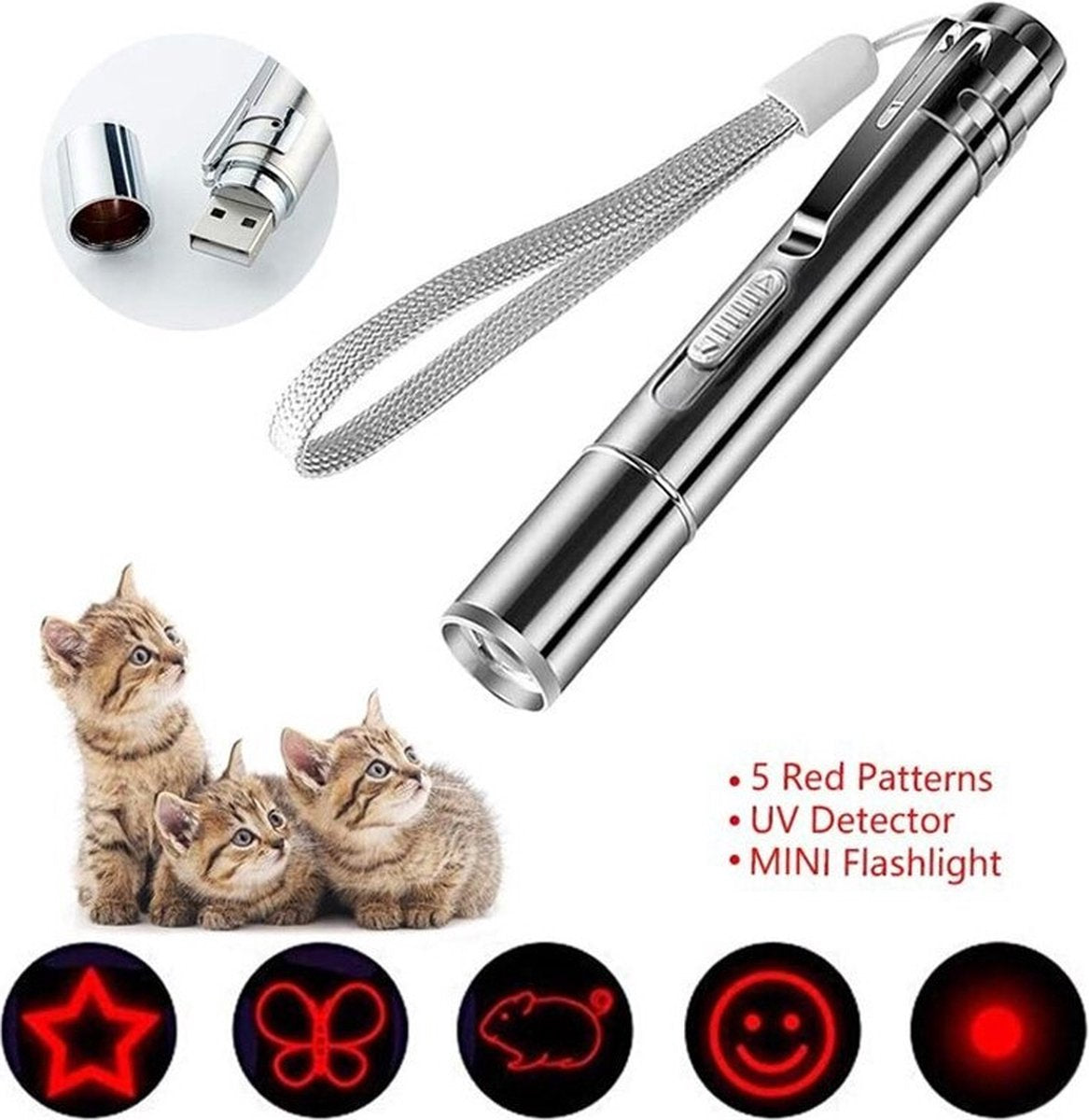Merkloos Laserpen - Daily Accessoires - USB Oplaadbaar - Kattenspeeltjes - Laserlampje - 7 Verschillende Standen - RVS Zilver - Zaklamp - UV Lamp – Kattenspeelgoed