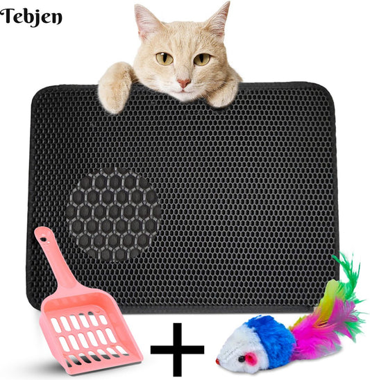  TEBJEN Kattenbakmat – Kattenbak Mat Grit Opvanger - Schoonloop Katten Mat – Dubbele Waterdichte Laag – Uitloopmat Kattenbak – Kattenbak Accessoires - Met Speelgoedmuisje En Schepje - 40x50cm