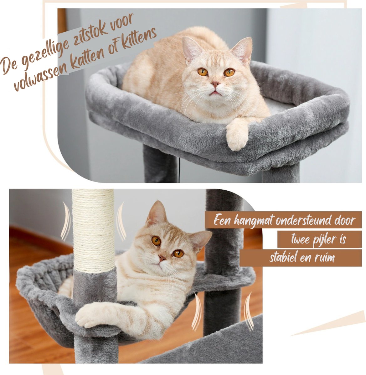 Krabpaal Voor Grote Katten 3 Verdiepingen - 140cm Hoog - Wit Grijs -Met Hangmatjes - Krabpaal Voor Zware Katten