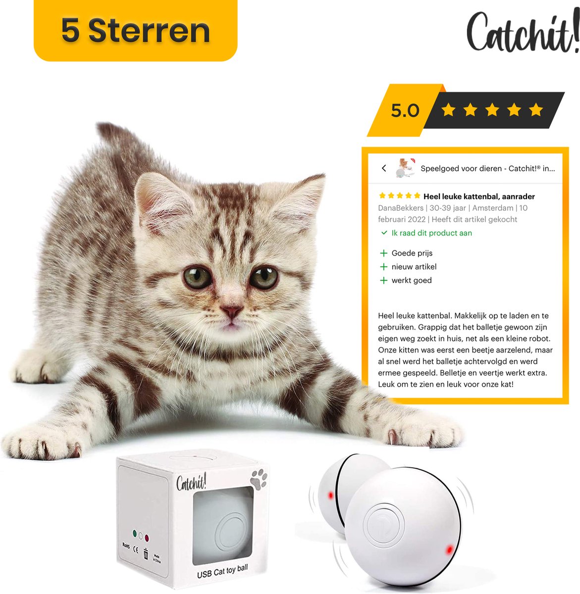  Catchit!® Interactieve Zelfrollende Bal Katten - Kattenspeeltjes - Inclusief USB Kabel En Staartjes - Kattenspeelgoed - Smart - Grijs