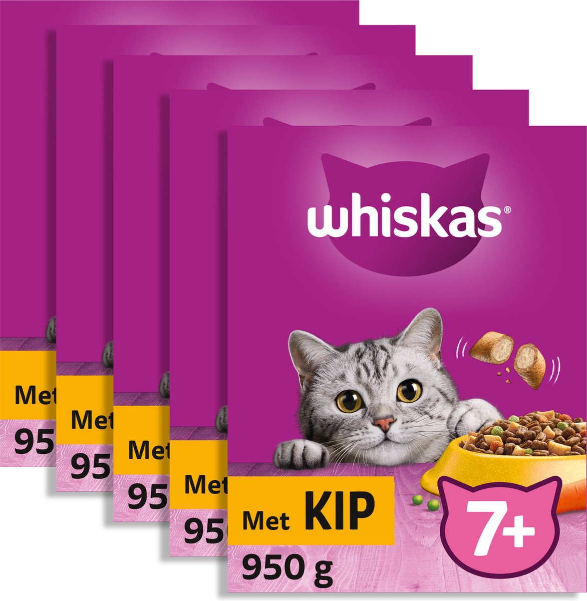  Whiskas 7+ Kattenbrokken - Kip - Doos 5 X 950 G