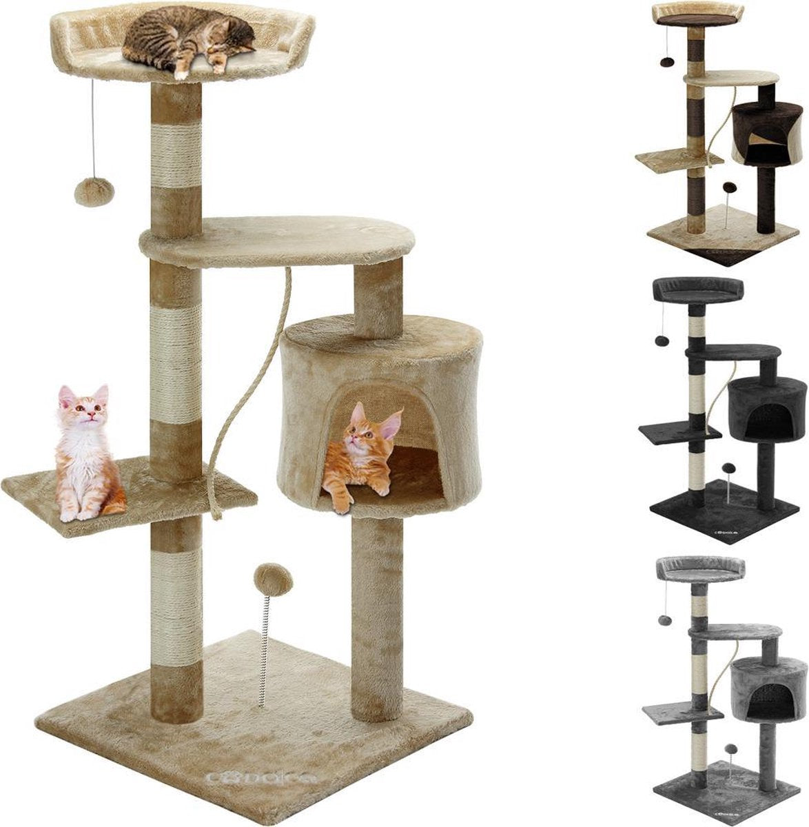 Merkloos Cadoca Kattenboom Beige Met 3 Kijkplekken, 1 Grot, 2 Speelballen En één Touw