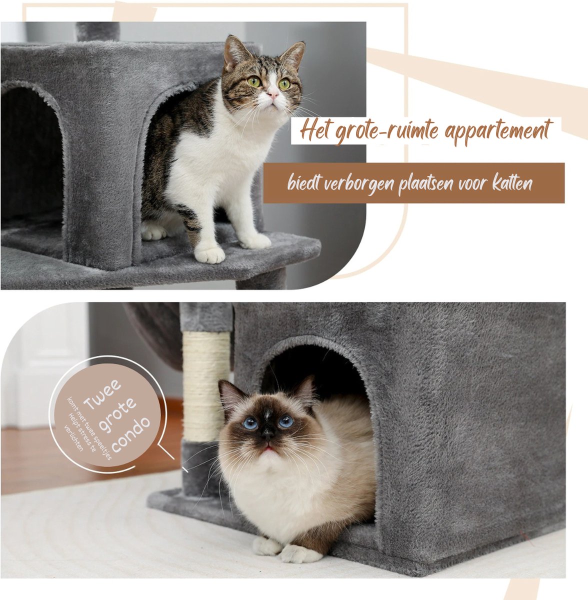  Krabpaal Voor Grote Katten 3 Verdiepingen - 140cm Hoog - Wit Grijs -Met Hangmatjes - Krabpaal Voor Zware Katten