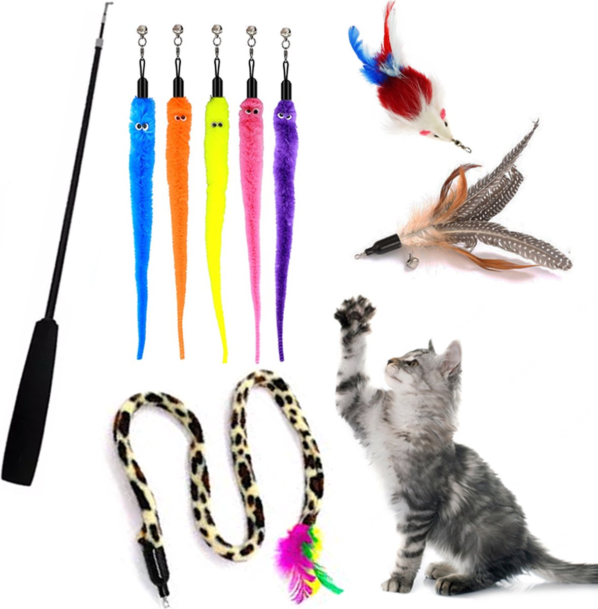  Katten Speeltjes Katten Speelgoed Kattenspeeltjes Katten Hengel Veer Worm Staart Muis Incl. Hengel Kitten – 9 Stuks