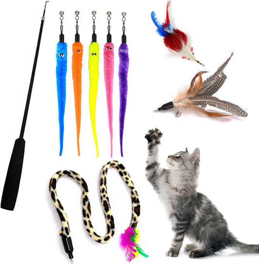  Katten Speeltjes Katten Speelgoed Kattenspeeltjes Katten Hengel Veer Worm Staart Muis Incl. Hengel Kitten – 9 Stuks