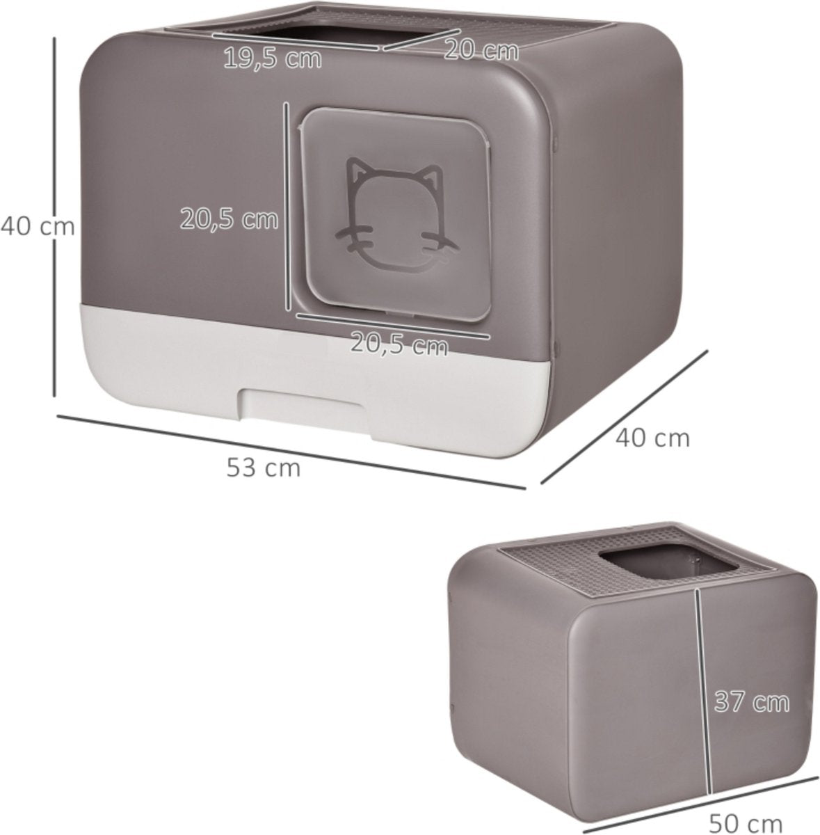  Kattenbak - 2 Uitgangen - Kattentoilet - Uitschuifbare Bodem - Met Schepje - Grijs 53 X 40 X 40 Cm