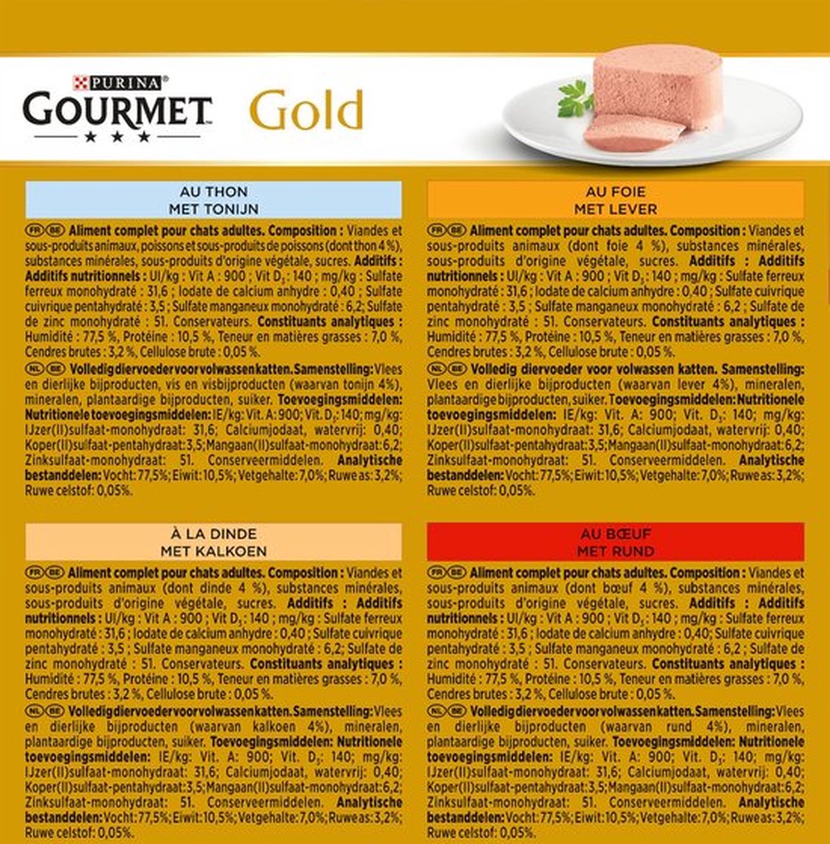  Gourmet Gold Mousse - Kattenvoer Natvoer - Met Tonijn, Lever, Kalkoen, Rund - 48 X 85 G