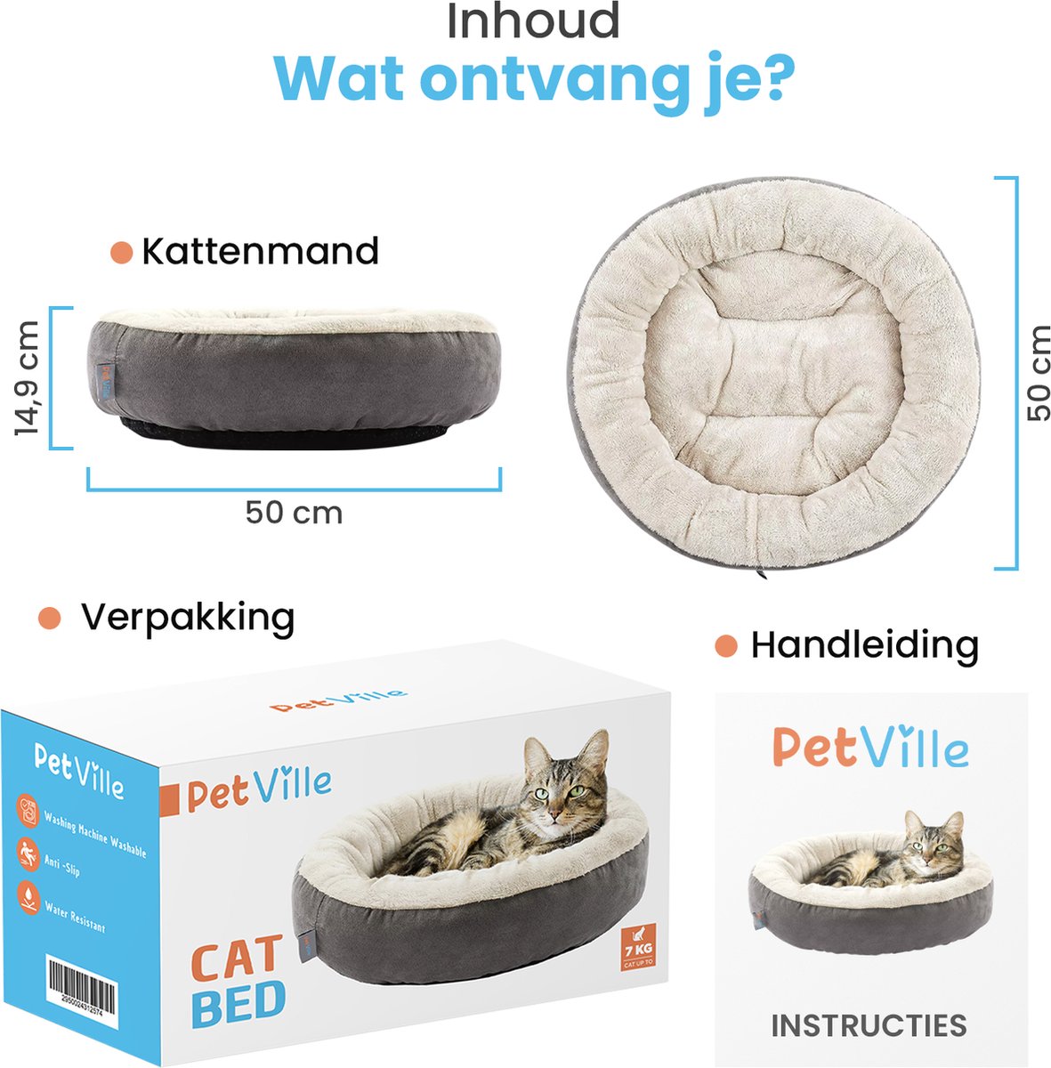  Petville Kattenmand - 50 Cm - Wasbaar - Donut - Waterbestendig - Grijs