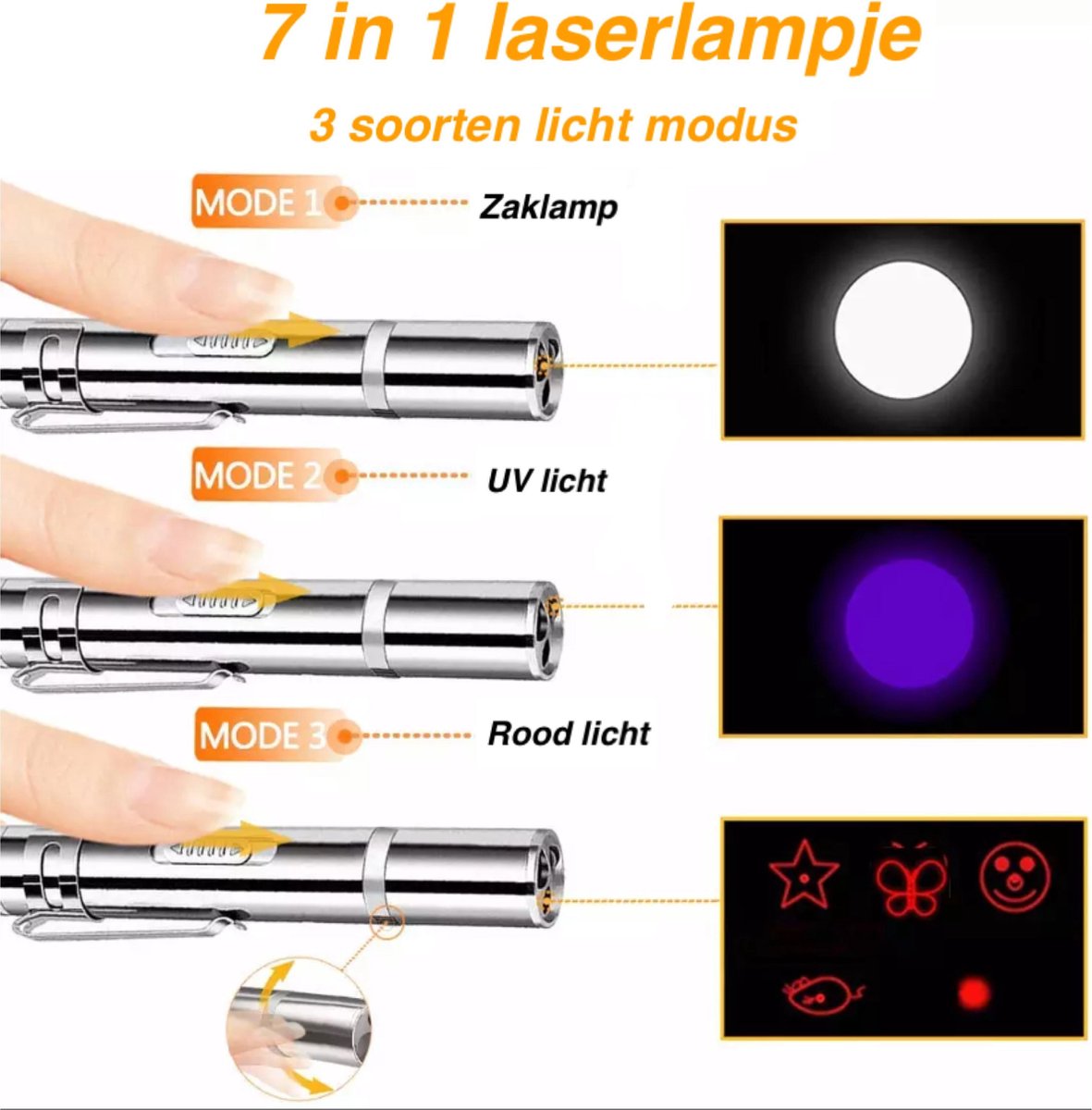 Merkloos Hoogwaardig Laserlampje Voor Katten | USB Oplaadbaar | 7 In 1 Laserpen | Laserpen | Zaklamp | Kattenspeeltje | Kattenspeelgoed | Zilver | Laserpointer Rood/groen | UV Licht