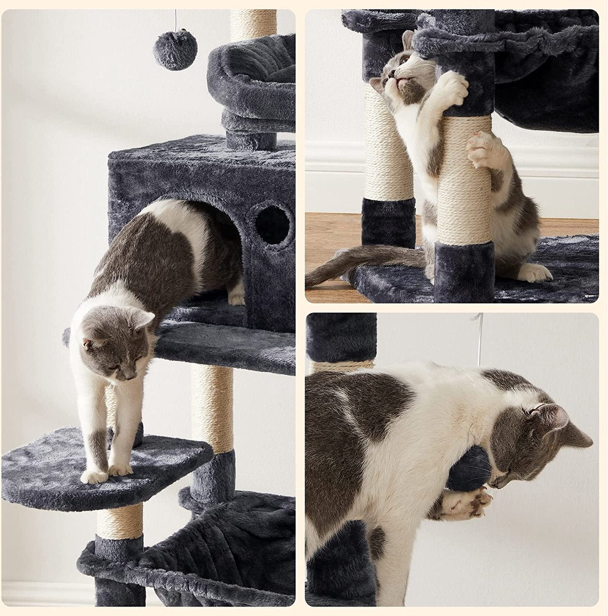 Krabpaal Voor Katten - Kattenboom - Met 2 Uitkijkplateaus - Grijs