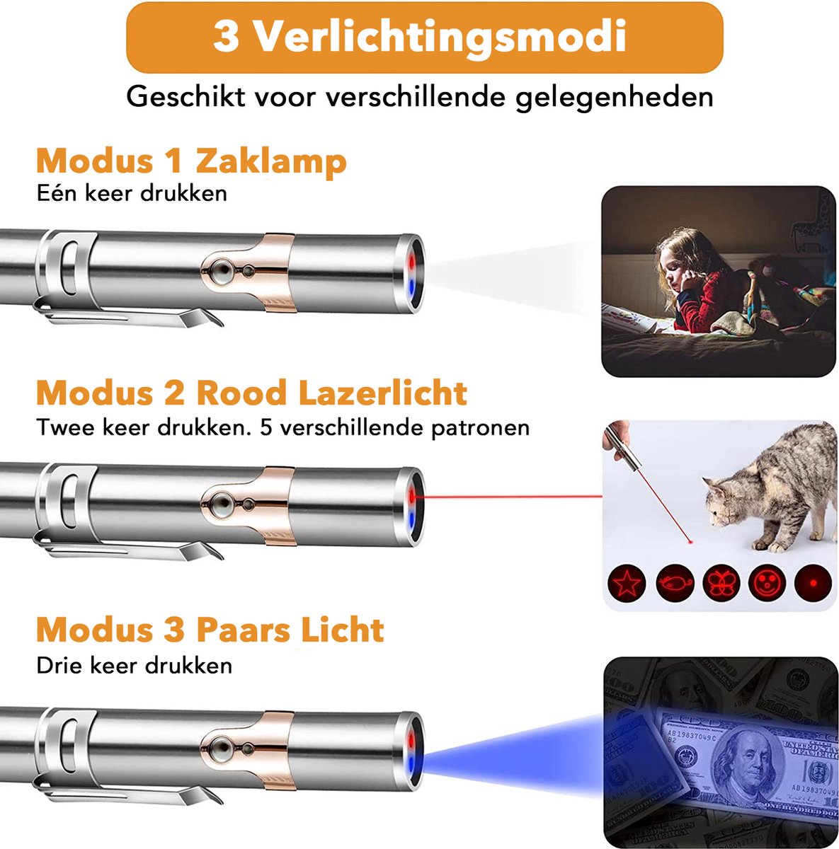  DOWO® - Laserpen - USB Oplaadbaar - Kattenspeeltjes - 7 Verschillende Standen - Laserlampje - RVS Zilver - Laser Pointer