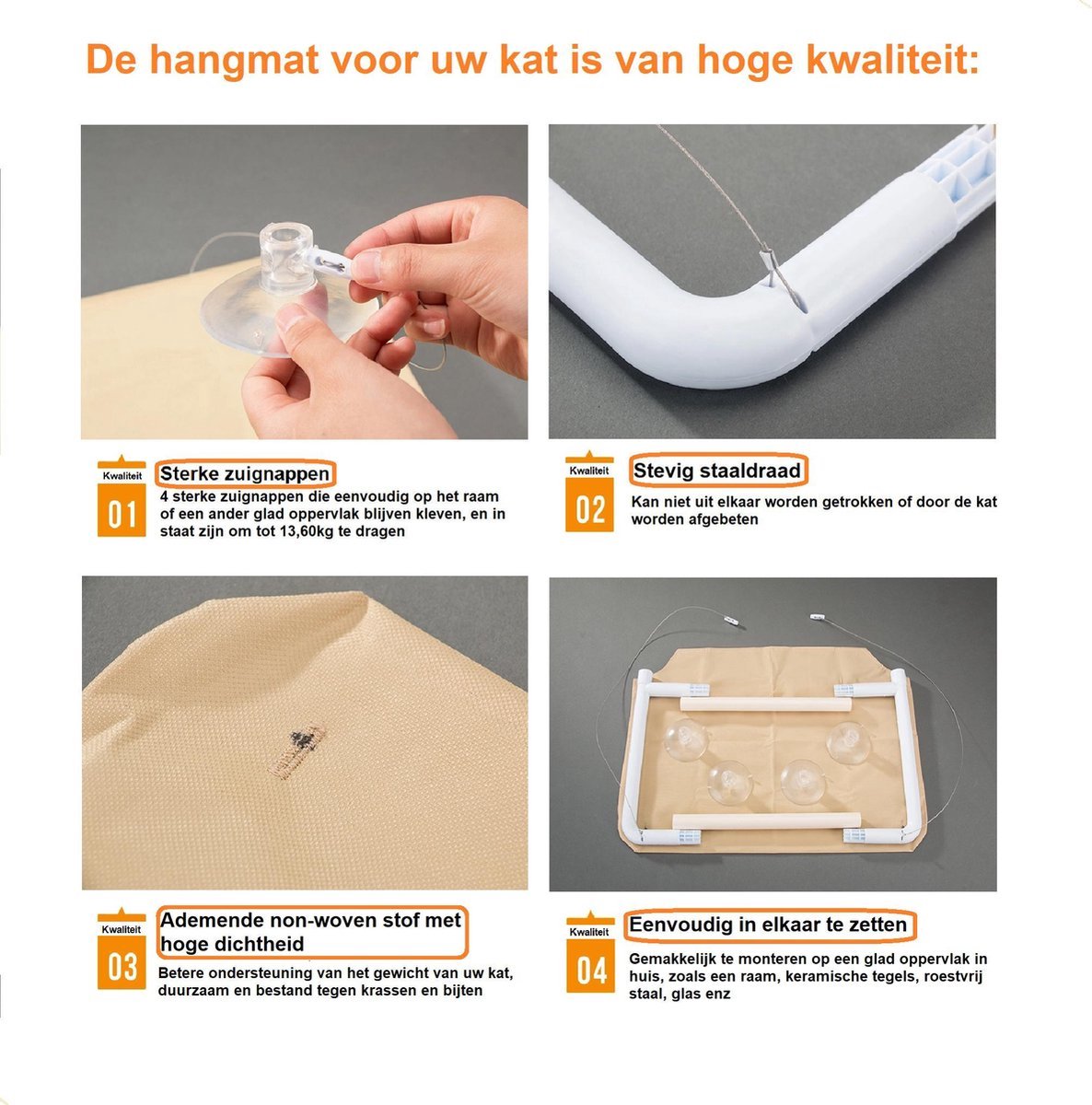 Merkloos Kattenhangmat Voor Raam - Hangmat Kat - Kattenmat - Kattenmand Raam - Kattenmand - Kattenspeeltjes - Beige - Voor Grote &amp; Kleine Katten - Tot 20 KG