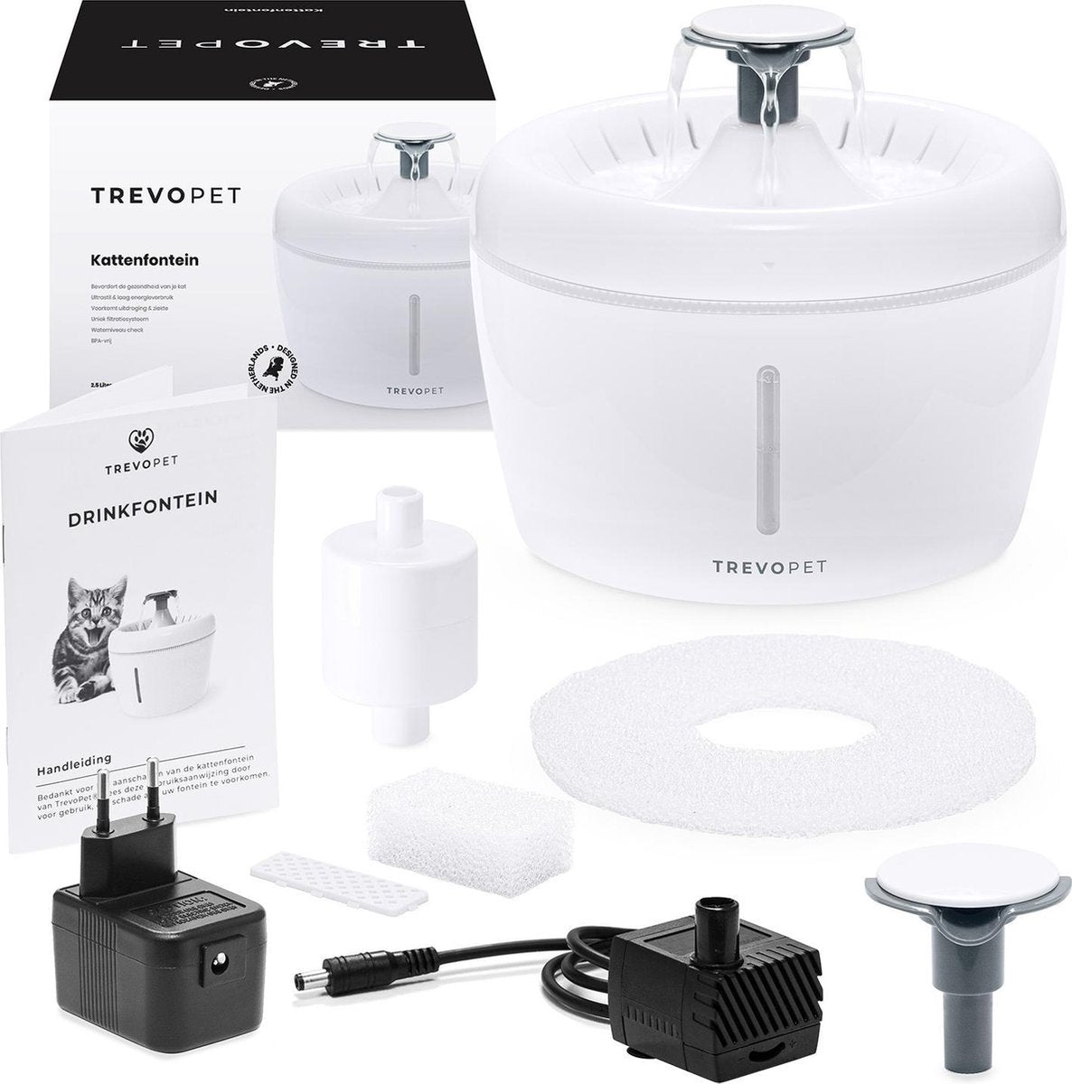  TrevoPet® Drinkfontein Kat - Waterfontein Kat - Kattenfontein - Fluisterstil - Drinkfontein - Drinkbak Kat - 2.5 Liter - Inclusief Filter - Wit