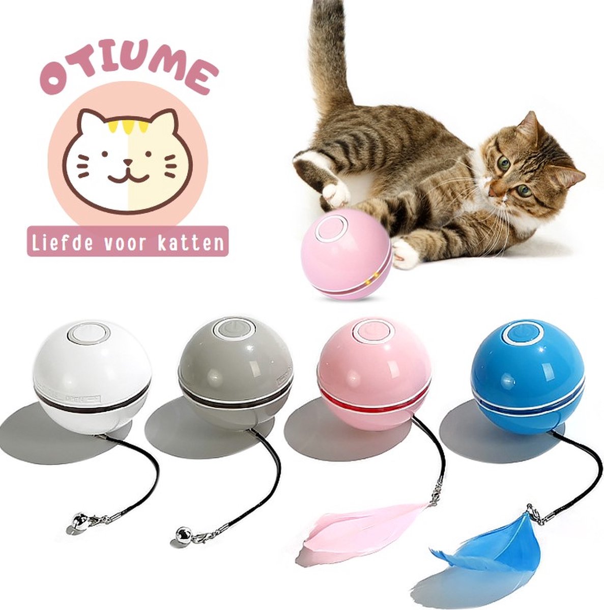  Otiume Elektrische Speelbal - Slimme Interactieve Zelfrollende Bal - Speelgoed Voor Katten - Kattenspeelgoed - Blauw