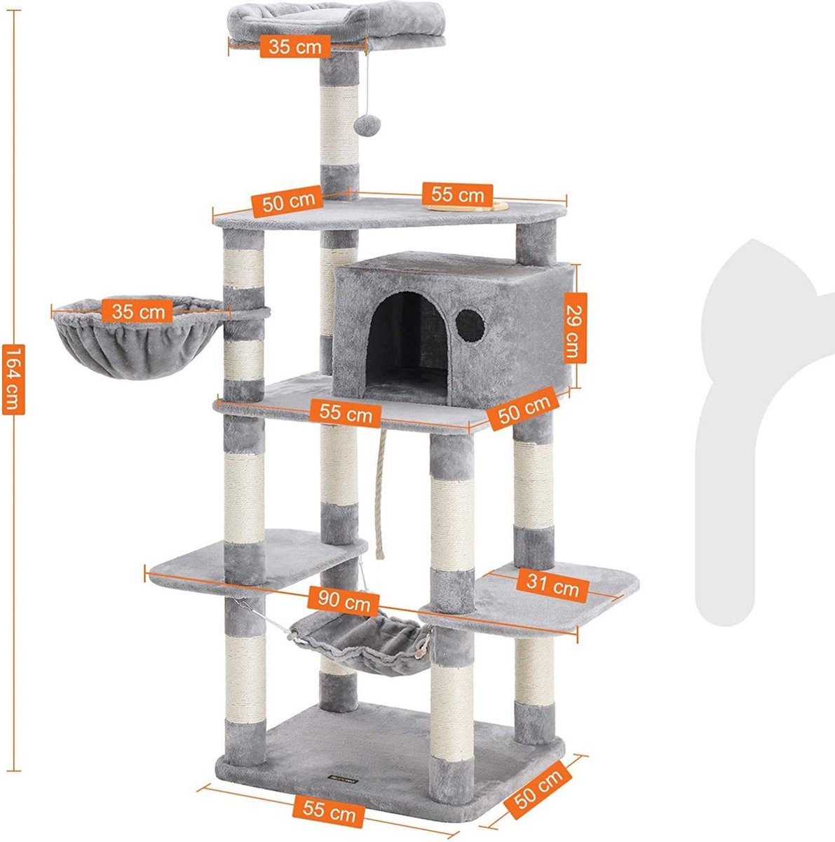 Merkloos XXL Luxe Katten Krappaal Met Hangmat Hangende Mand &amp; Katten Huisje - Activity Center - Grote Krappaal Klimpaal Met Speelset - Krabmeubel 164 CM Hoog - Sisal/Pluche - Grijs