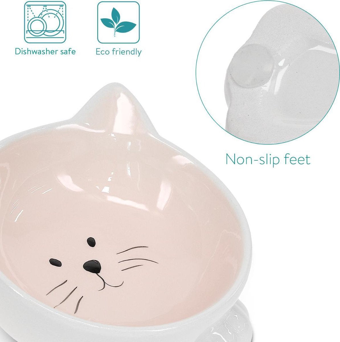  Navaris Voerbakjes Voor Katten - Set Van 2 Voer- En Waterbakken - Etensbak Van Keramiek - Met Antislip Voetjes - Kattenvorm - Roze/Groen