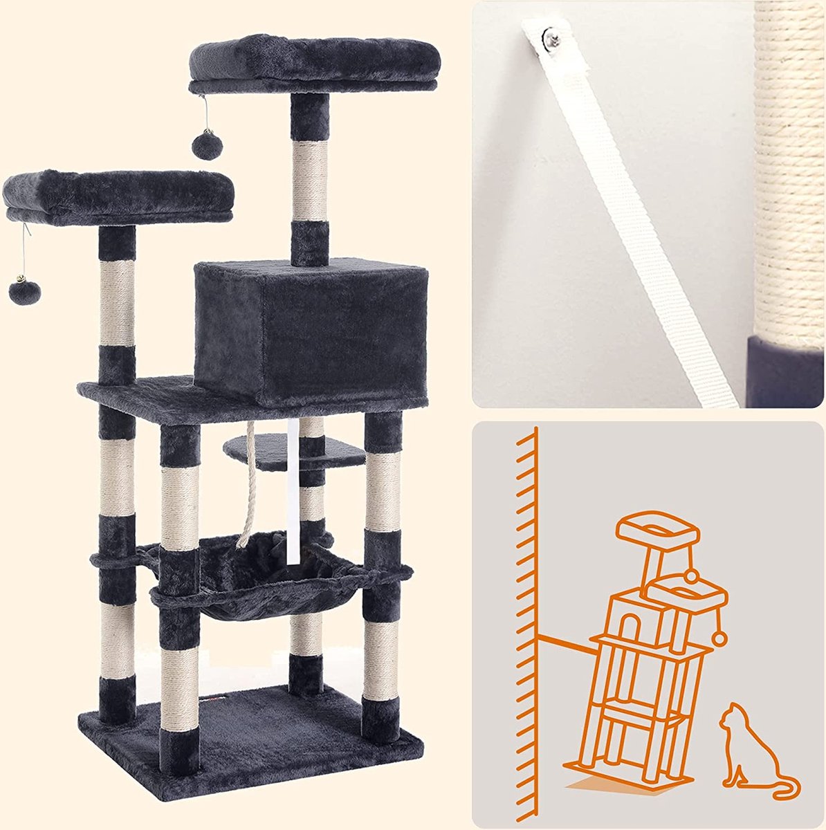  Krabpaal Voor Katten - Kattenboom - Met 2 Uitkijkplateaus - Grijs