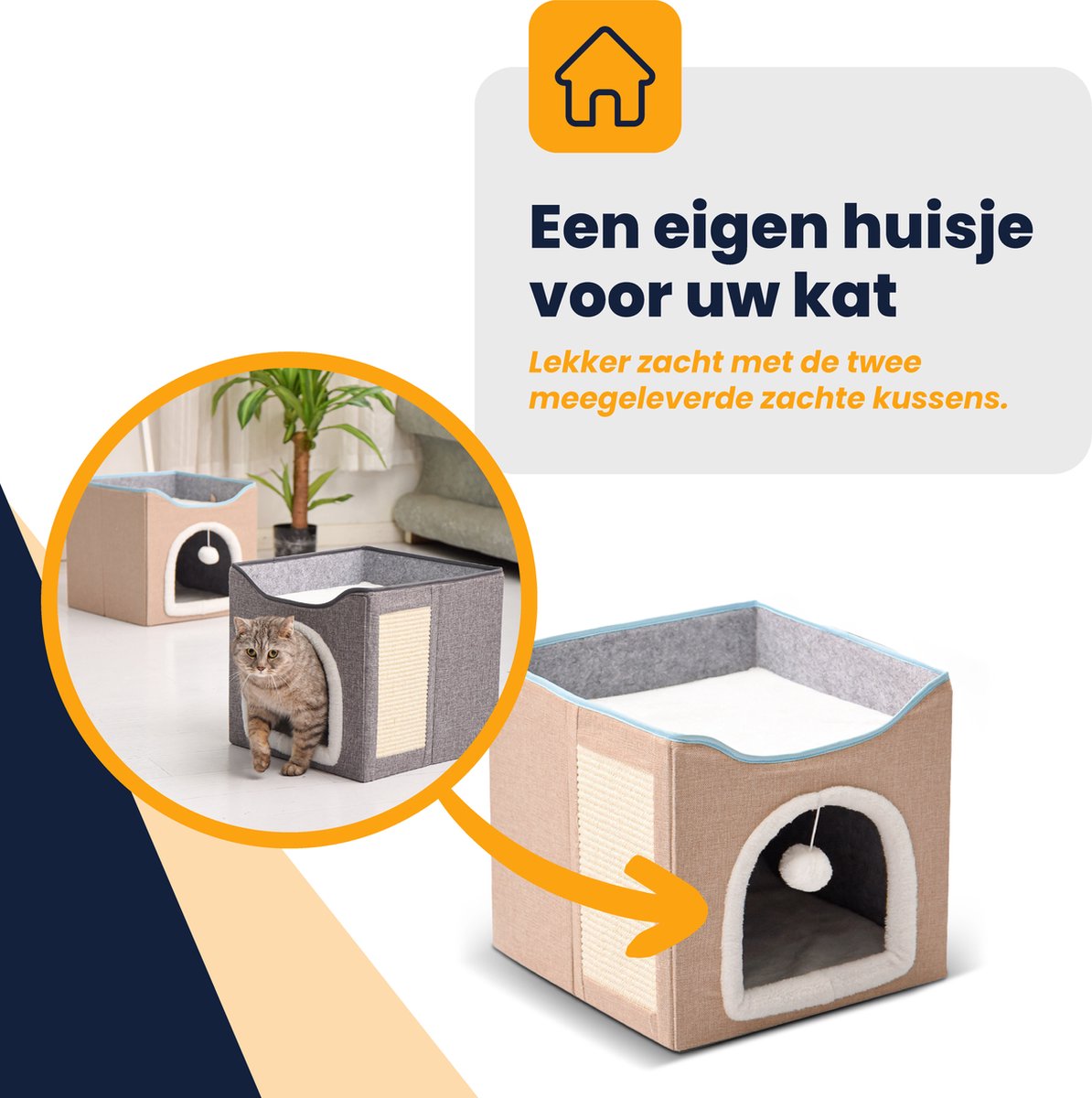  MIRO Katten Huis - Kattenhuizen - Kattenhok - Kattenmand - Dierenhuis - Opvouwbaar - Met Krabmat - Abrikoos