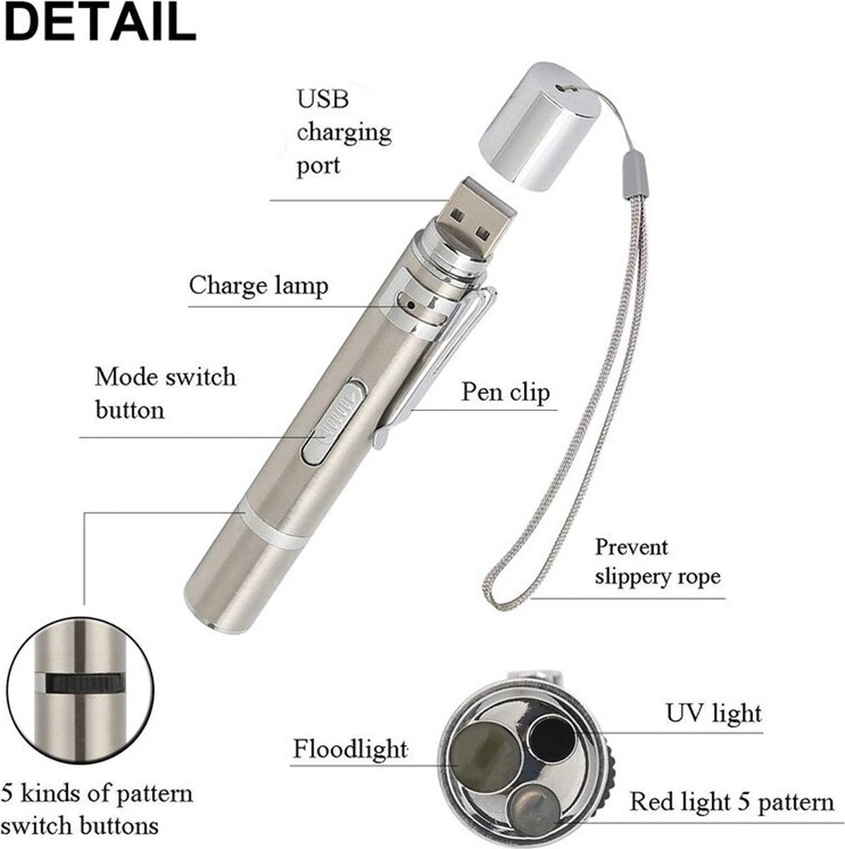 Merkloos Laserpen - Daily Accessoires - USB Oplaadbaar - Kattenspeeltjes - Laserlampje - 7 Verschillende Standen - RVS Zilver - Zaklamp - UV Lamp – Kattenspeelgoed