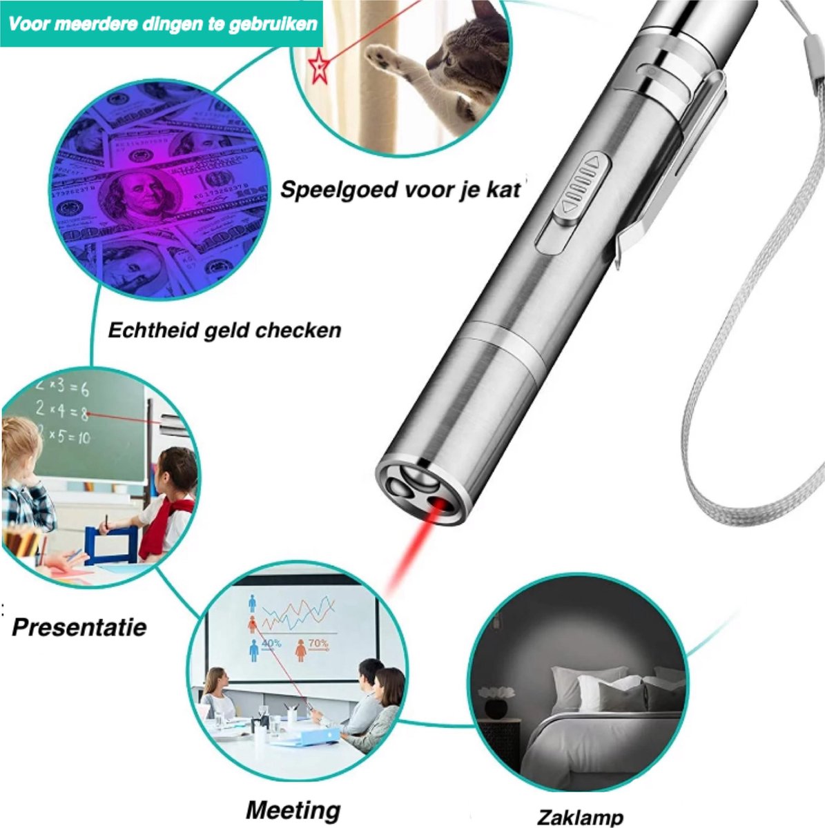 Merkloos Hoogwaardig Laserlampje Voor Katten | USB Oplaadbaar | 7 In 1 Laserpen | Laserpen | Zaklamp | Kattenspeeltje | Kattenspeelgoed | Zilver | Laserpointer Rood/groen | UV Licht