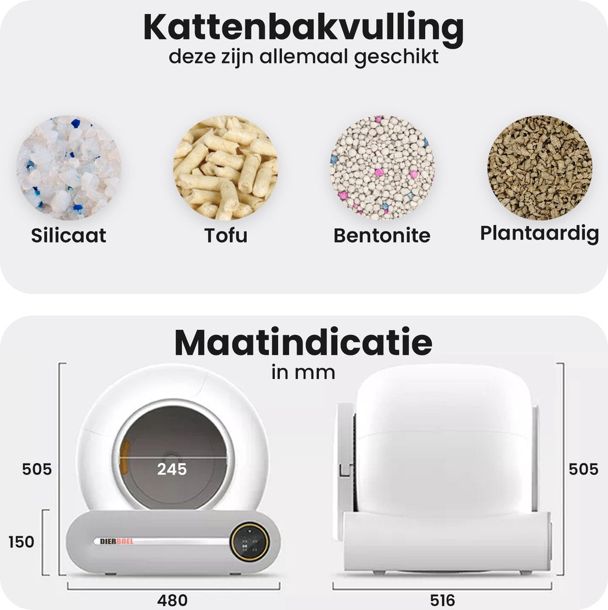  Dierboel Automatische Kattenbak - Zelfreinigende Kattenbak Met App - Ook Geschikt Voor Grote Katten 65L
