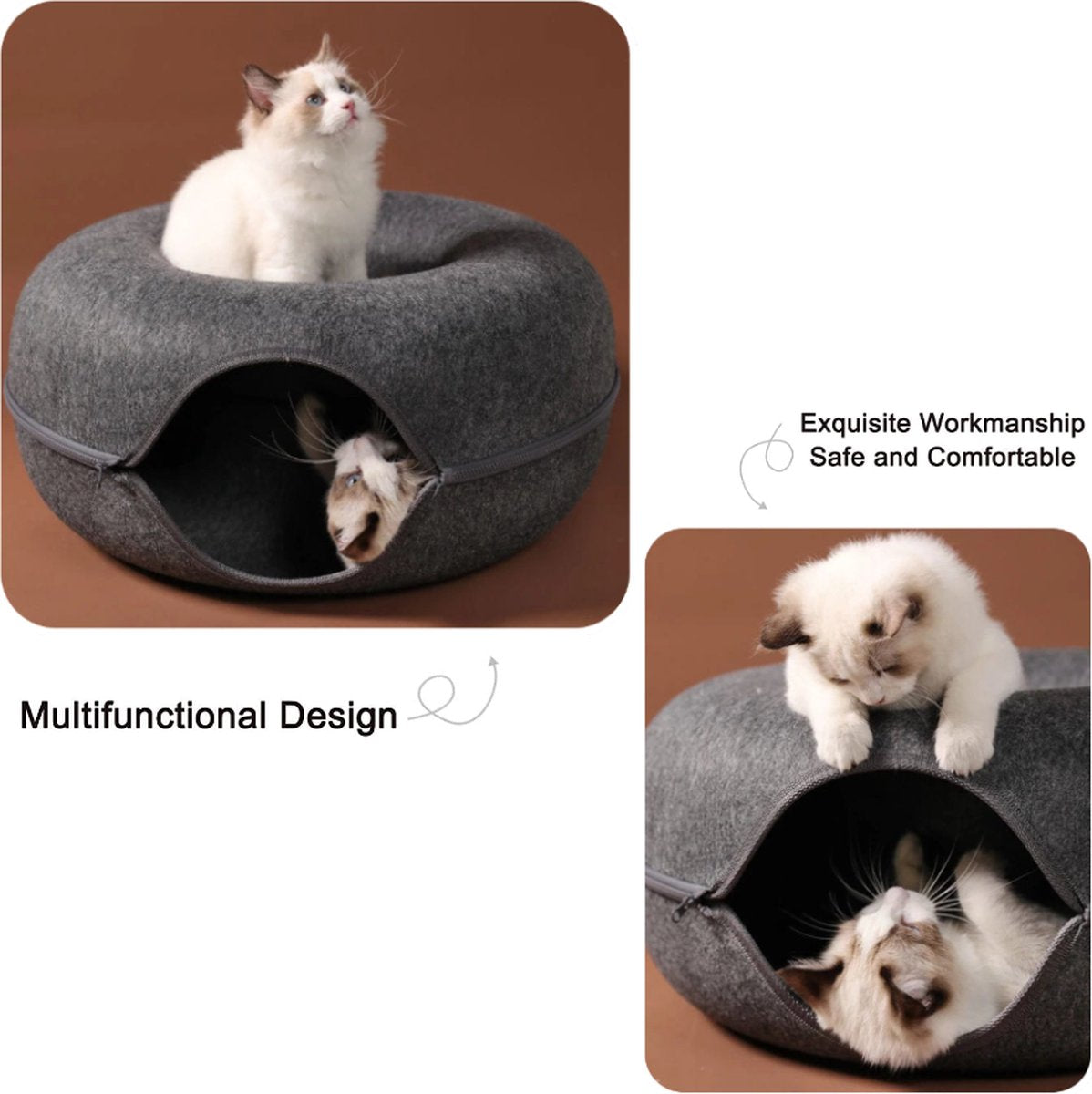 Merkloos A.K.A. Kattentunnel En Kattenmand In-1 – Kattenspeelgoed Speeltunnel Kattenhuis – Kattenhol Rond Kattenspeeltjes - Cat Cave Donut - Antraciet Vilt