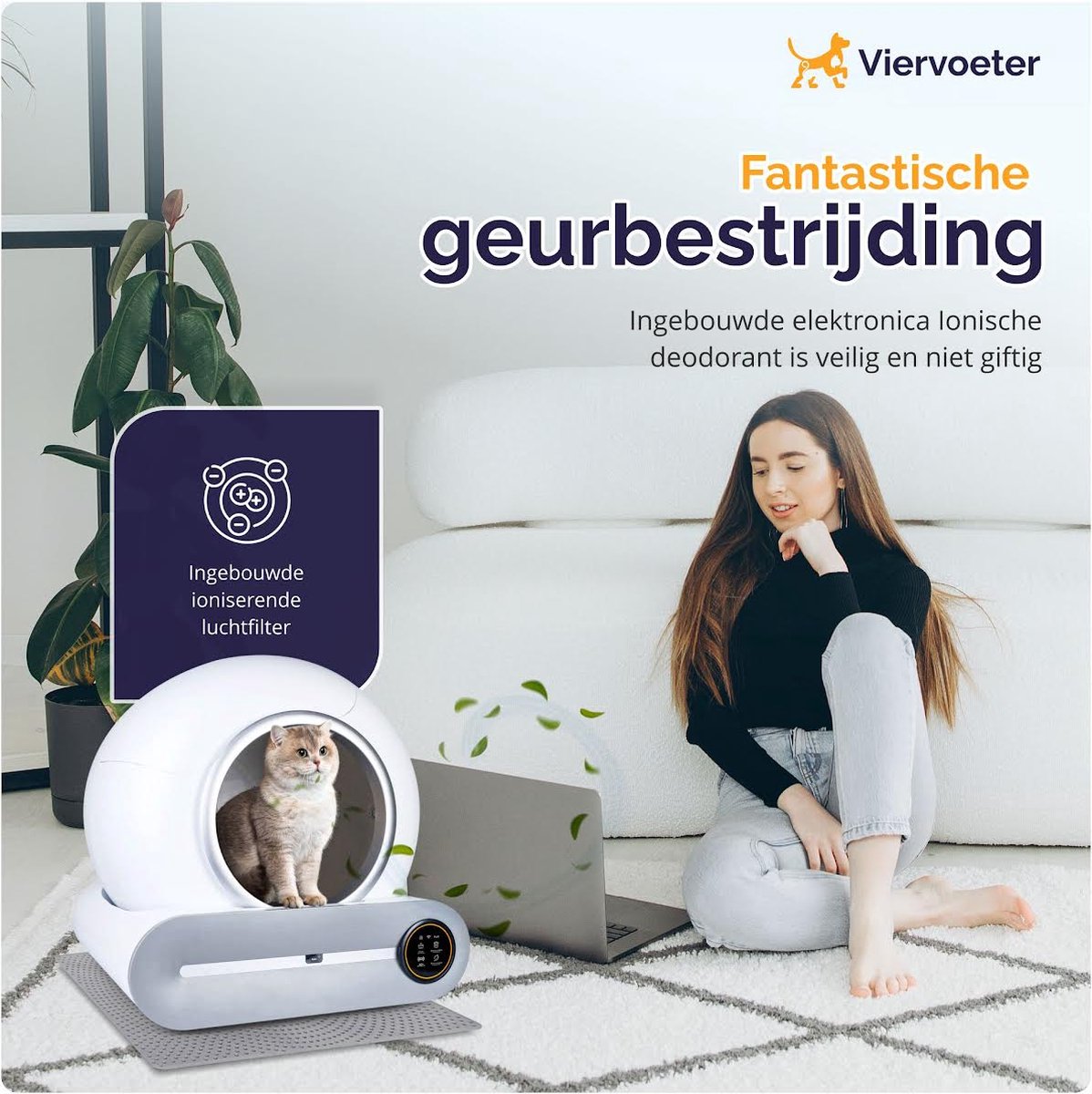  Viervoeter™ Kattenbak Zelfreinigend – Automatische Kattenbak – Zelfreinigende Kattenbak – Anti-geur – 53x58x55cm – Bedienen Via App – 65 Liter