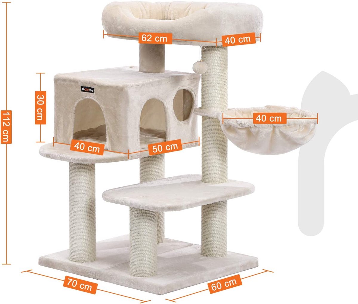 Songmics PCT01M Krabpaal Met XXL-uitkijkplatform, Liggend Hol, Grote Knuffelgrot, Verstelbare Elementen, Extra Dikke Stammen Volledig Gewikkeld In Sisal, Stabiel, Beige