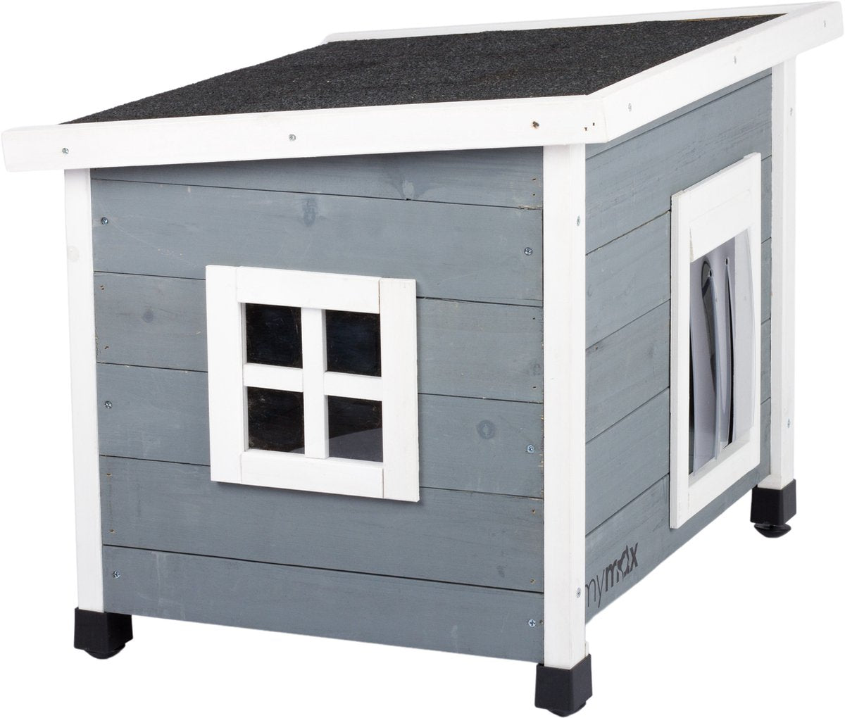  MyMax Kattenhuis - Hout - Openslaand Bitumen Dak - Kattenhuis Voor Buiten - Kattenhok - Kattenhuisje Hout - Grijs - 57*45*43CM