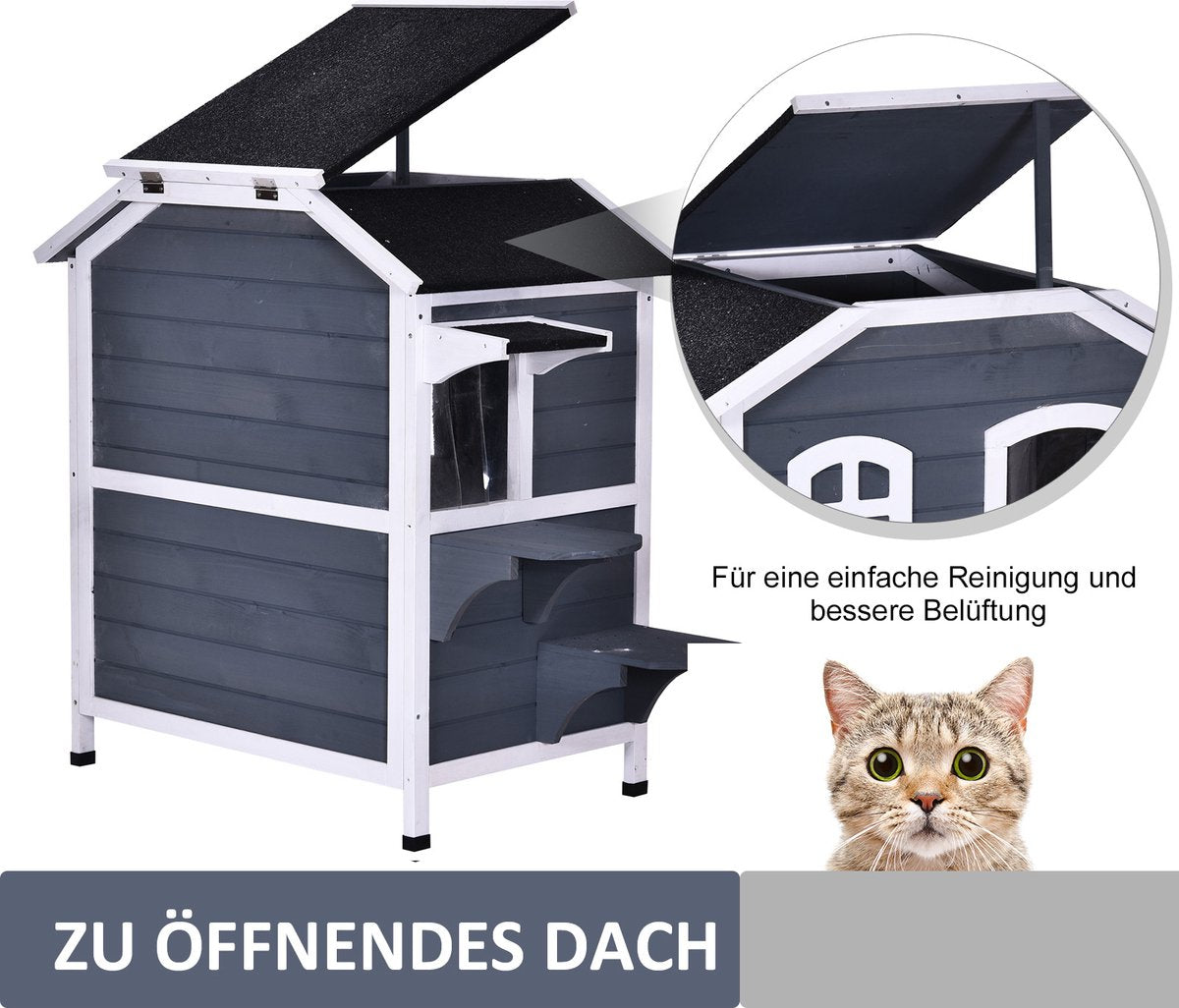  PawHut Kattenhuis Voor Buiten Kattenhut Met 2 Verdiepingen Kattenvilla, Asfaltdak, Massief Hout Grijs D30-236