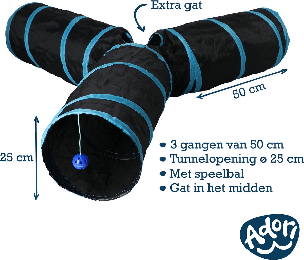  Adori Katten Tunnel 3 Gangen - Kattenspeelgoed - Ø25x50 Cm Zwart