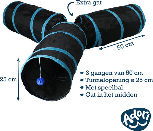  Adori Katten Tunnel 3 Gangen - Kattenspeelgoed - Ø25x50 Cm Zwart