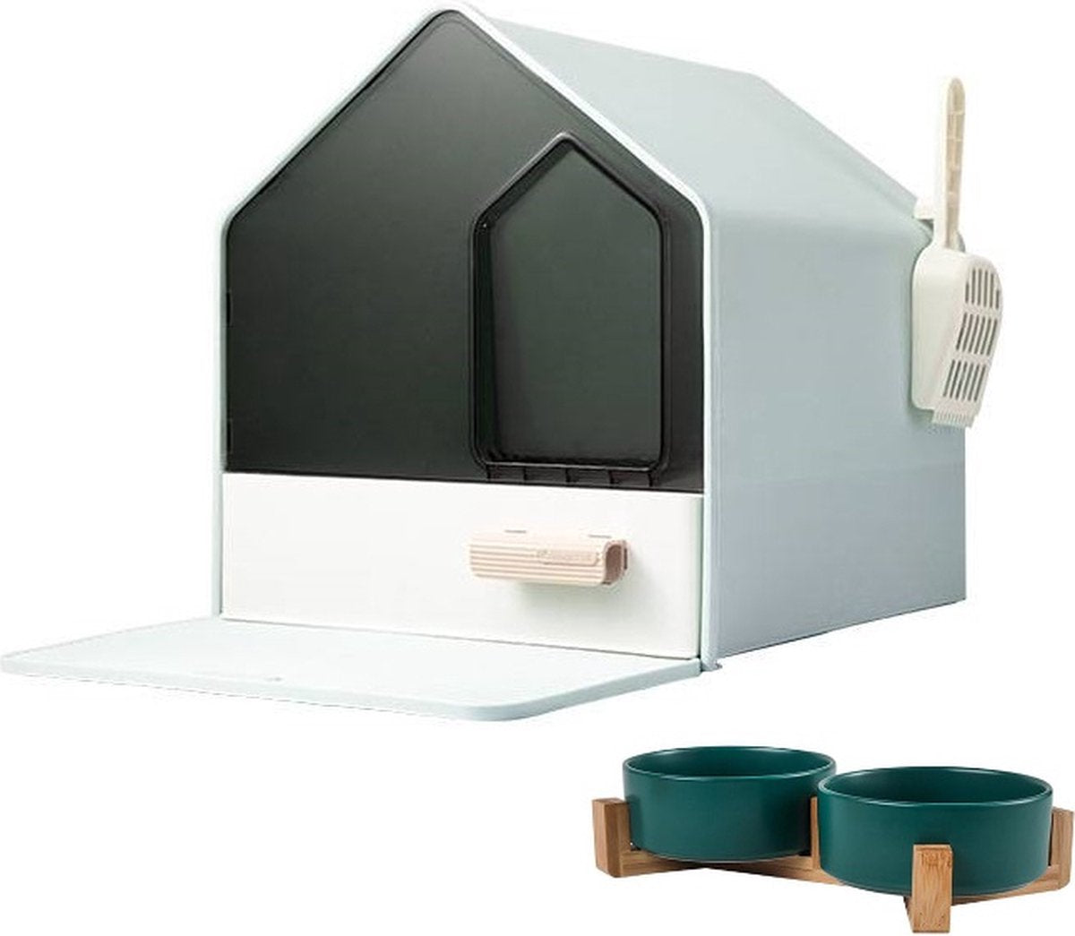  Kattenbak Villa Met Dubbele Voerbak En Kattenbakmat – Kat - Drinkbak – Modern En Stijlvol - Design - Groen