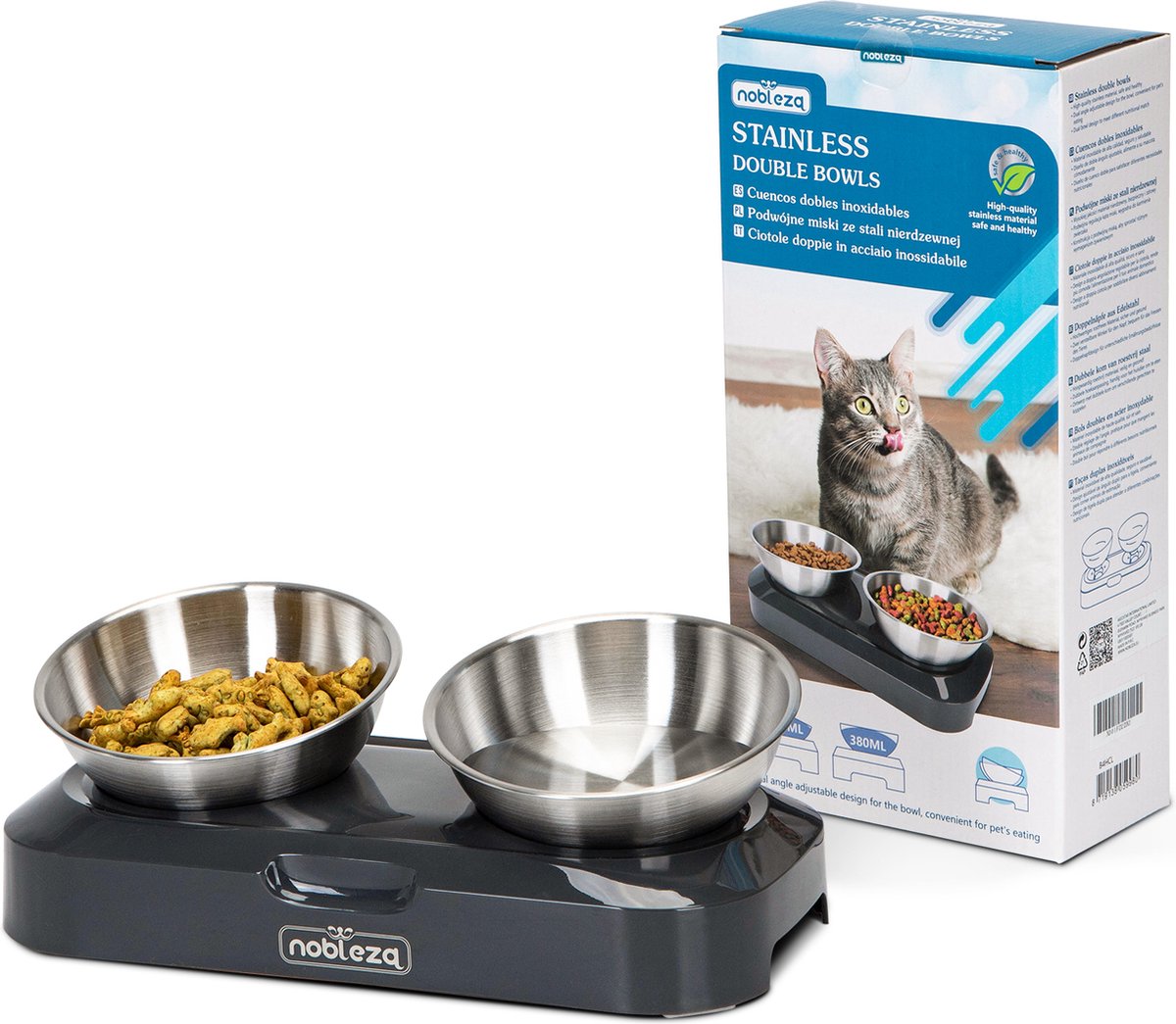  Nobleza Katten Voerbakjes - Ergonomische Dubbele Voerbak - Anti Braak Voerbak Voor Katten - Zwart - Dubbel - RVS