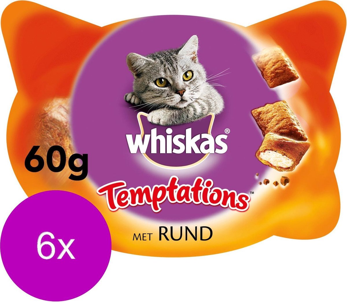  Whiskas Temptations 60 G - Kattensnack - 6 X Rund&amp;Vlees