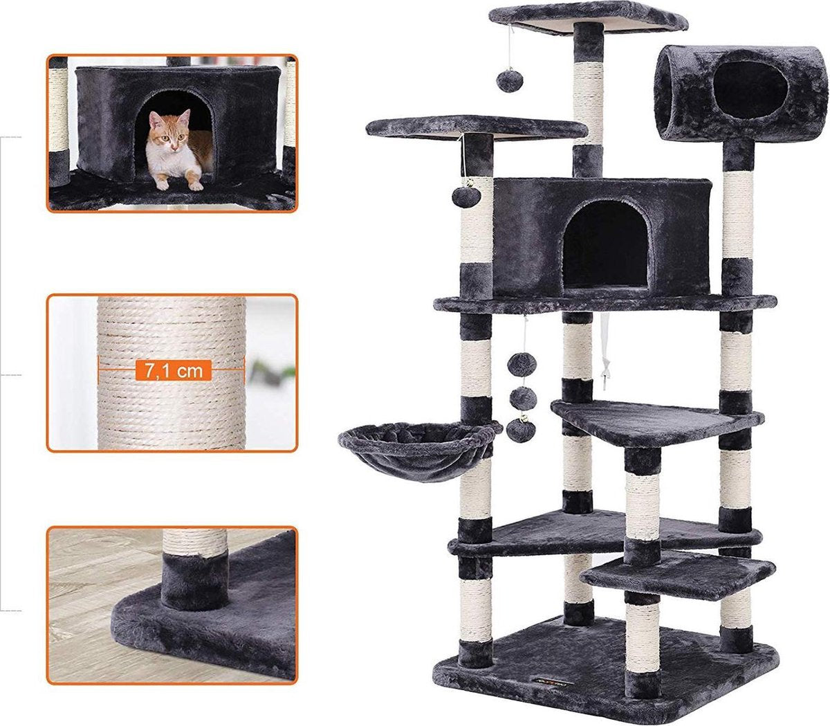  XXL Luxe Katten Krappaal Met Hangmat &amp; Kattenhuisjes - Activity Center - Grote Krappaal Klimpaal - 165 CM Hoog - Grijs/Zwart