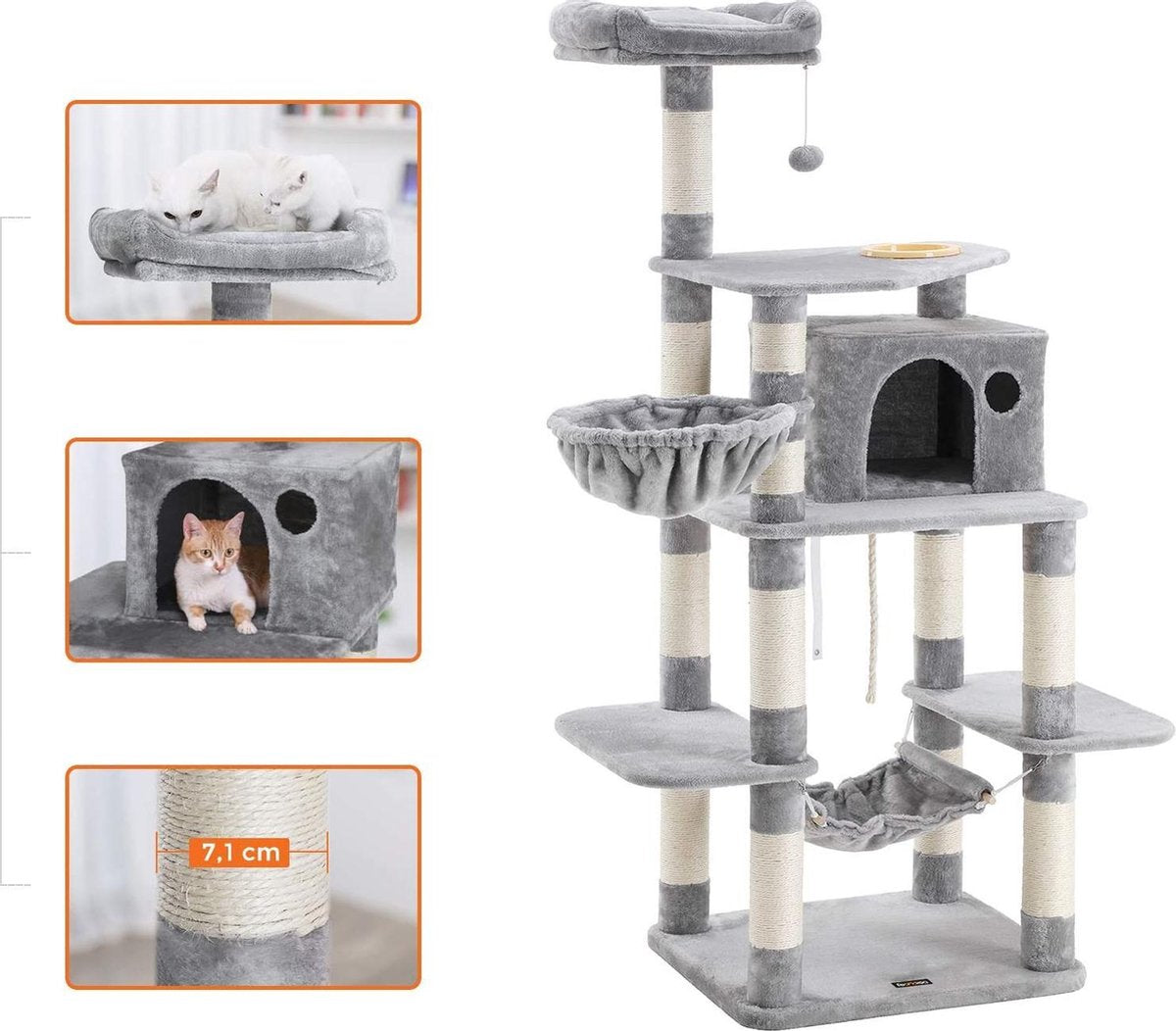 Merkloos XXL Luxe Katten Krappaal Met Hangmat Hangende Mand &amp; Katten Huisje - Activity Center - Grote Krappaal Klimpaal Met Speelset - Krabmeubel 164 CM Hoog - Sisal/Pluche - Grijs