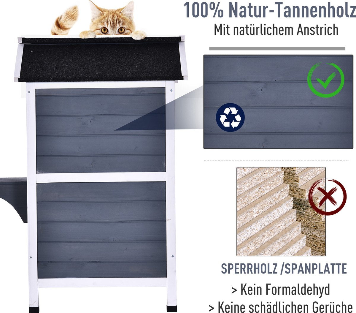  PawHut Kattenhuis Voor Buiten Kattenhut Met 2 Verdiepingen Kattenvilla, Asfaltdak, Massief Hout Grijs D30-236