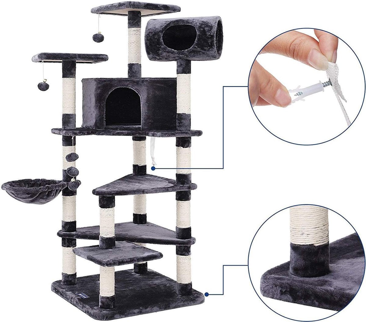  XXL Luxe Katten Krappaal Met Hangmat &amp; Kattenhuisjes - Activity Center - Grote Krappaal Klimpaal - 165 CM Hoog - Grijs/Zwart