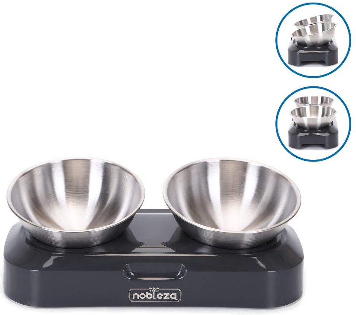  Nobleza Katten Voerbakjes - Ergonomische Dubbele Voerbak - Anti Braak Voerbak Voor Katten - Zwart - Dubbel - RVS