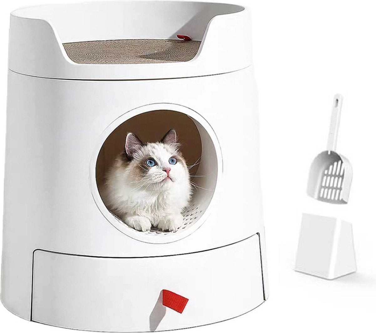  A Sunny Day Kattenbak Met Lade, Bedje En Krabplank - Inclusief Schepje - Design Kattenbak - Wit - Dichte Kattenbak - Kattenbak Gesloten