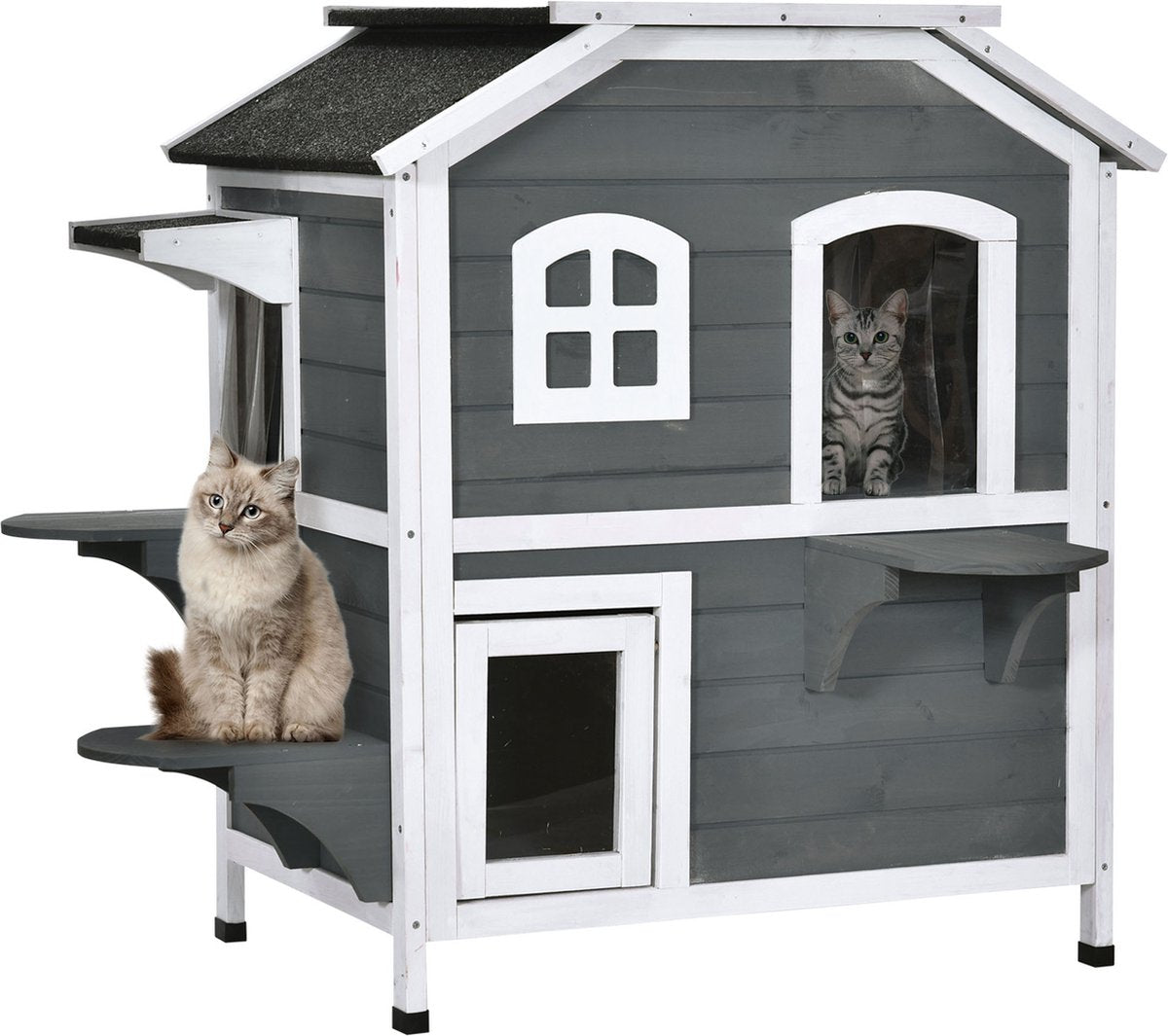 PawHut Kattenhuis Voor Buiten Kattenhut Met 2 Verdiepingen Kattenvilla, Asfaltdak, Massief Hout Grijs D30-236
