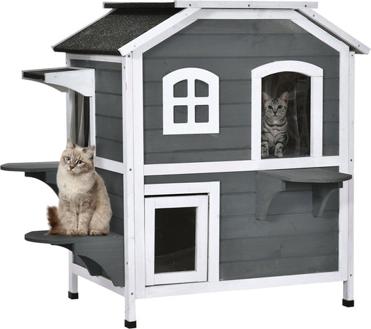  PawHut Kattenhuis Voor Buiten Kattenhut Met 2 Verdiepingen Kattenvilla, Asfaltdak, Massief Hout Grijs D30-236