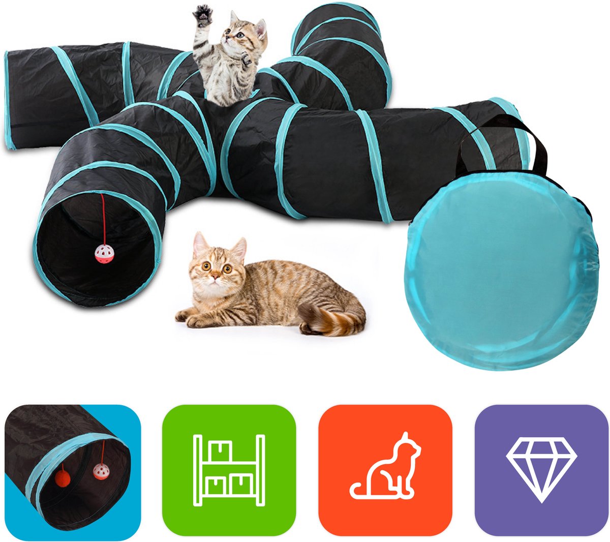  Tavaro Kattentunnel 5 Gangen - Met Speelbal - Kattenspeelgoed - Zwart / Blauw
