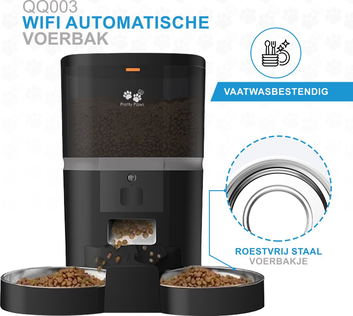  Pretty Paws QQ003 - Wifi Voermachine - Dubbele Voerbakjes - Zwart - Kat - 6L