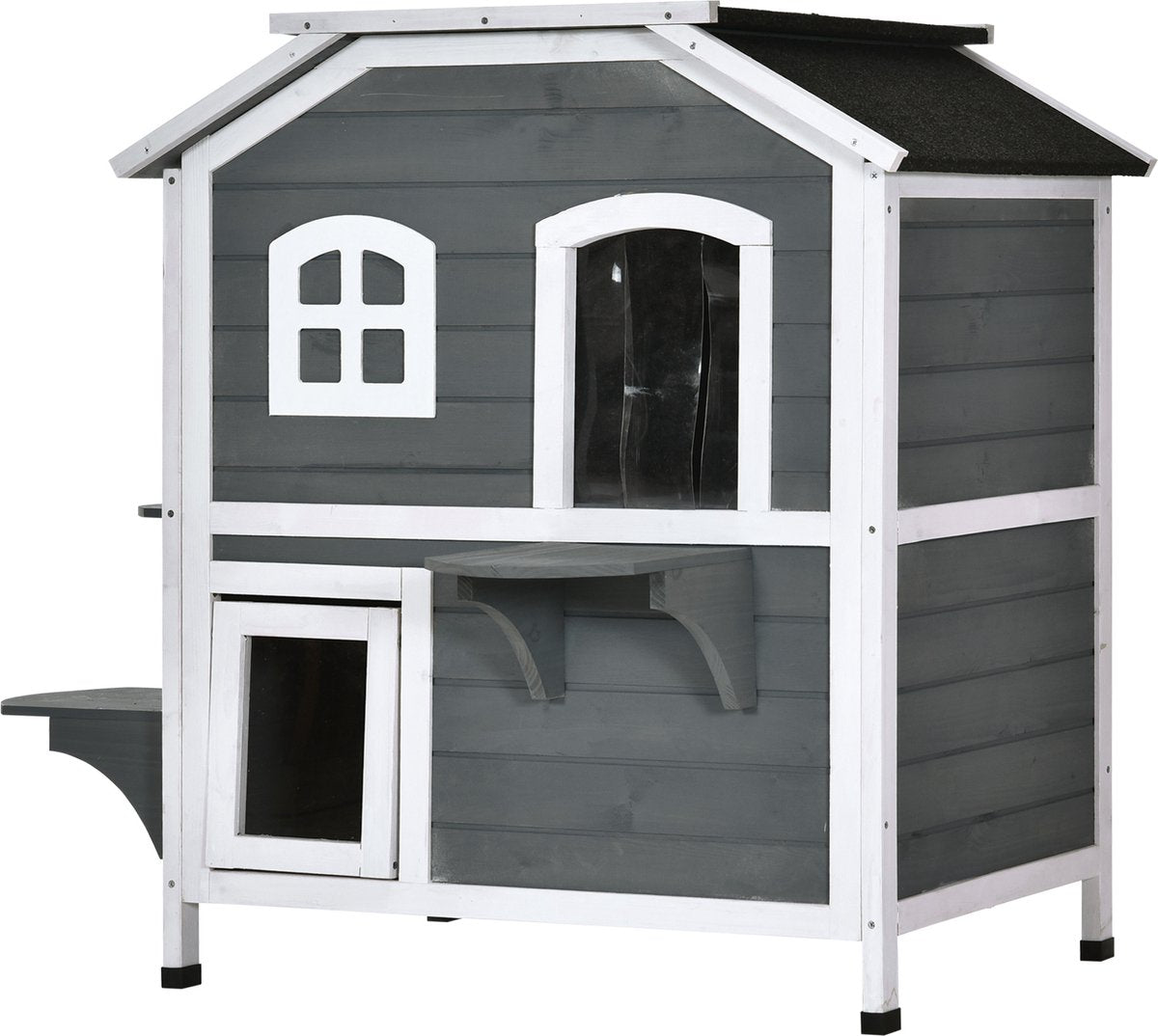  PawHut Kattenhuis Voor Buiten Kattenhut Met 2 Verdiepingen Kattenvilla, Asfaltdak, Massief Hout Grijs D30-236